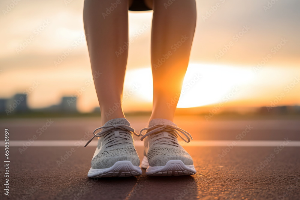Runner feet running on road closeup on shoe. woman fitness sunrise jog workout welness concept. Runner feet running on road closeup on shoe. woman fitness sunrise jog workout welness concept.