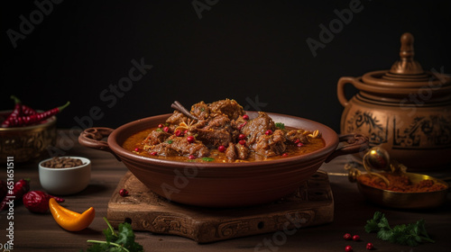 a dish in a studio mutton kasha in handi 8K f, generative ai.