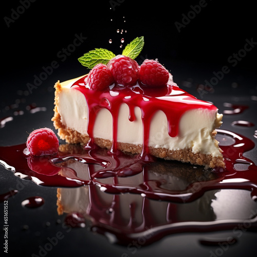 Delicious american cheesecake with strowberry sauc, generative ai.