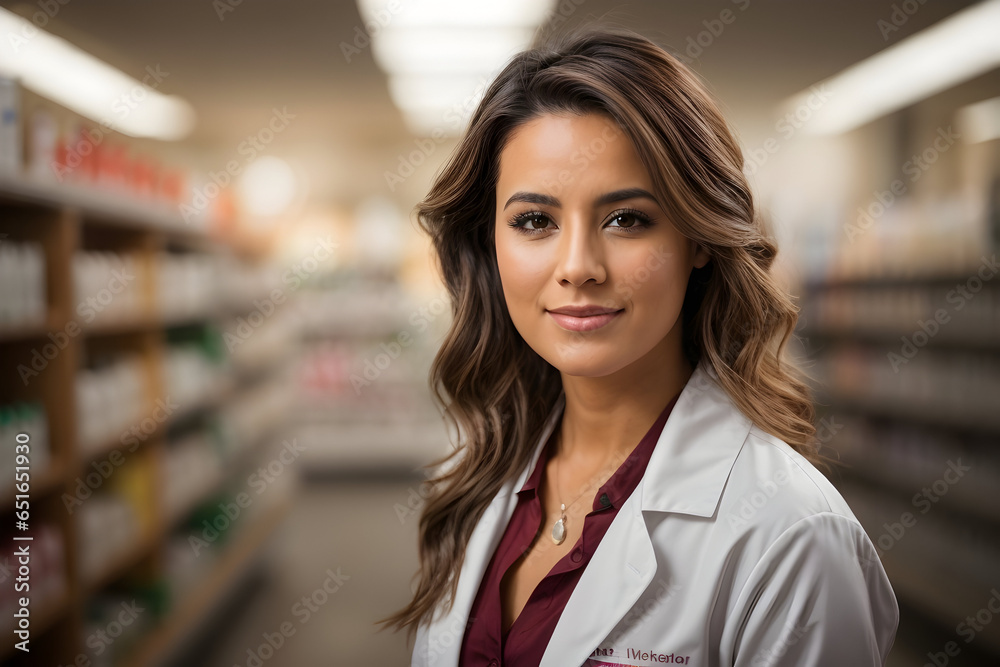 Female pharmacist with long hair and smiley face