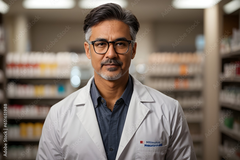 Male pharmacist, with glasses and grey hair