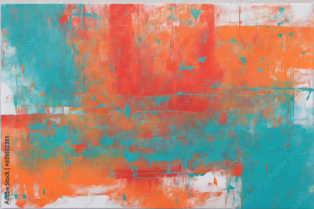 Orange, red and teal messy acrylic printed acrylic monoprint
