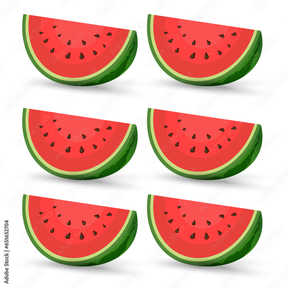 Set of SIX pieces of juicy Watermelon organic fruit in half cut, slices and triangle. Red watermelon piece vector, illustration Set of SIX pieces of juicy Watermelon organic fruit in half cut, slices and triangle. Red watermelon piece vector, illustration