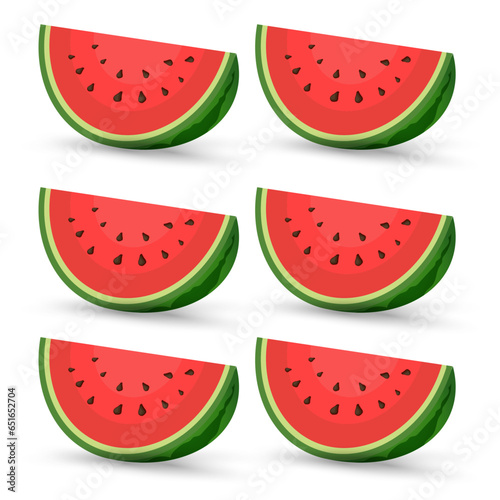 Set of SIX pieces of juicy Watermelon organic fruit in half cut, slices and triangle. Red watermelon piece vector, illustration