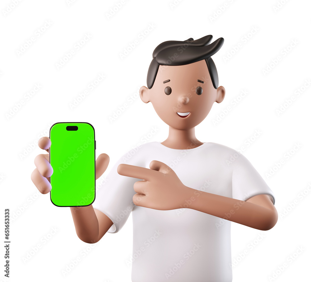 Asian man stands and holds a smartphone in his hands, demonstrates the app on chromakey. Cartoon illustration in 3D style isolated on transparent background 