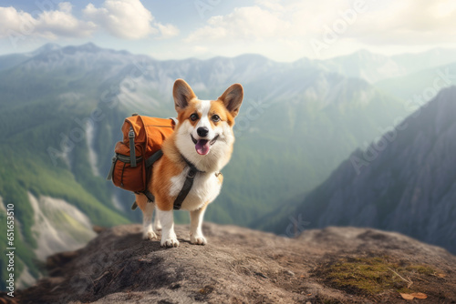 Corgi dog traveler with backpack in a mountains on summer vacation. Travel with pet concept