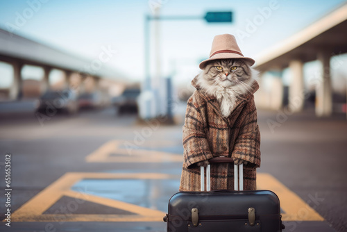 Funny cat traveler wearing in clothes with lagguage bag standing on train station. Kitten travel on vacations