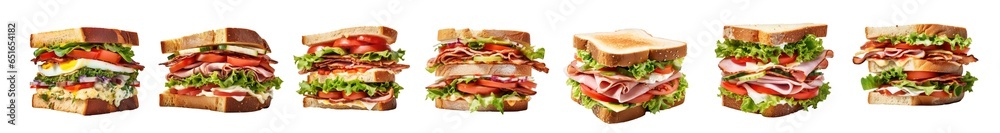 Collection of bread sandwiches with ham, cheese, tomatoes, lettuce, and toasted bread. The above view is isolated on a white or transparent background.