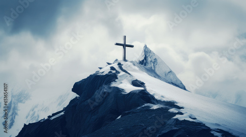 Searching for Christ, a journey towards Faith. A Cross in the peak of a snowy mountain chain amidst the clouds © Faith Stock