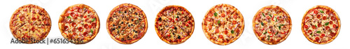 collection of various tasty hot pizzas. Italian cuisine, menu, and recipe Homemade meat, vegetables, mushrooms, beef, and tomato pizza pizzas isolated on a white or transparent background, top view
