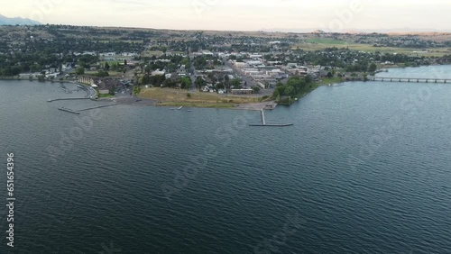 Video with a drone during a flight over Flathead Lake, Polson, Montana, in the morning, during the sunrise
 photo