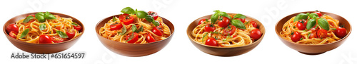 Collection of traditional Italian linguini pasta with tomatoes and fresh parsley, isolated on a transparent background. PNG, cutout, or clipping path.