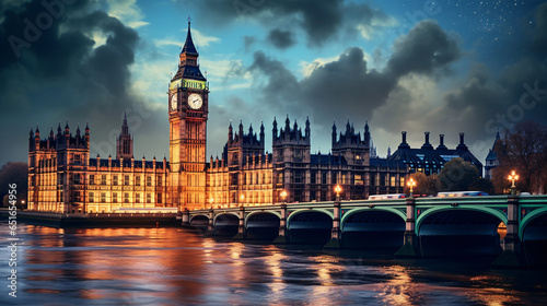 Big Ben and the Houses of Parliament at night in London photo