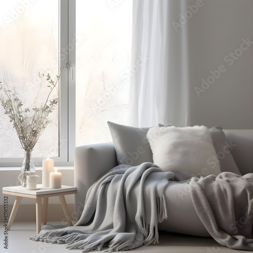Minimalist, hygge home interior design of modern living room. Cozy grey sofa with pillows and blanket against window. Generate AI