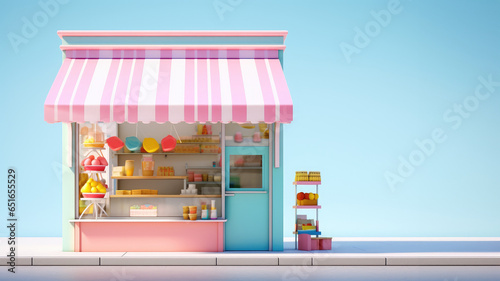 3D cute small store building isolated on blue pastel background.