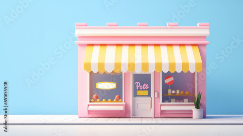 3D cute small store building isolated on blue pastel background.