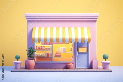 3D cute small store building isolated on yellow pastel background.