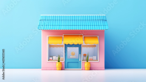 3D cute small store building isolated on blue pastel background.