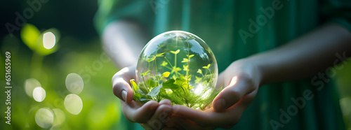 hands holding a green grass inside a circular glass