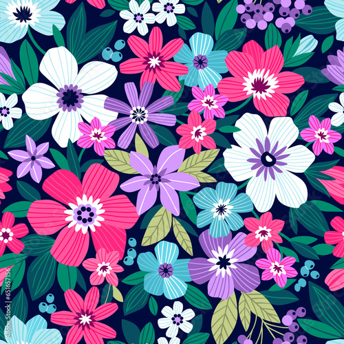 Flowery bright pattern in pink and purple flowers  dark blue background. Liberty style. Floral seamless background for trendy print. Floral background. Spring bouquet.