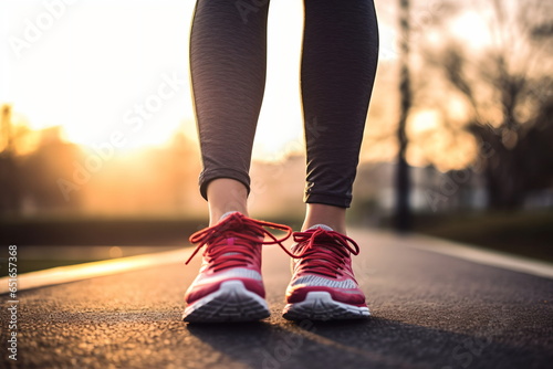 Runner feet running on road closeup on shoe. woman fitness sunrise jog workout welness concept.