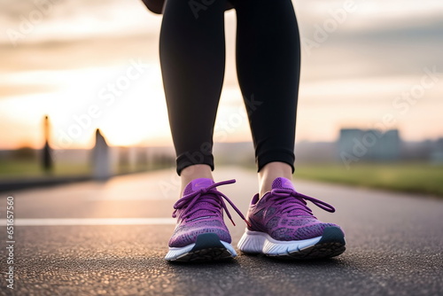 Runner feet running on road closeup on shoe. woman fitness sunrise jog workout welness concept.