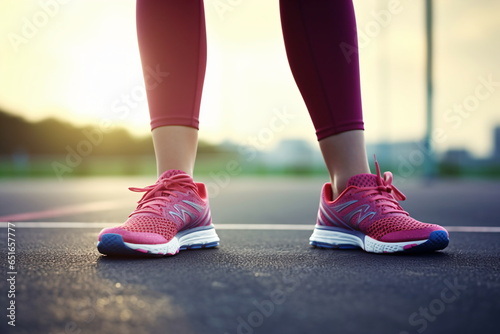 Runner feet running on road closeup on shoe. woman fitness sunrise jog workout welness concept. © duyina1990