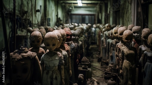 An unsettling view into the forgotten realm of a doll manufacturing unit. The juxtaposition of ethereal light and lurking shadows magnifies the motionless dolls on a halted production line