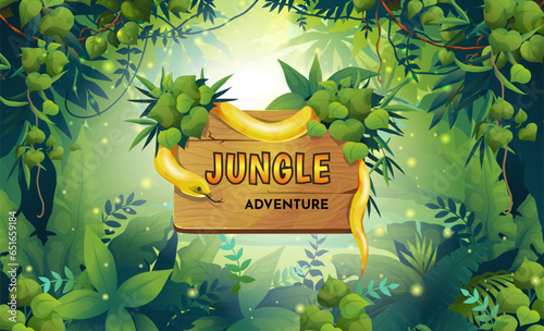 Jungle background. Cartoon tropical forest and wooden board with spake, rainforest garden, tropic tree in magic nature plant wood, green frame. Backdrop with signboard. Vector game design