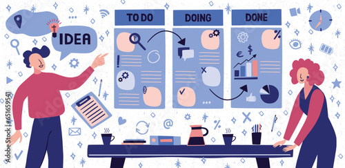 Business strategy. Employees team planning workflow. Office organization. Time management. Kanban board. People teamwork. Agenda and deadline schedule. Agile methodology. Vector concept