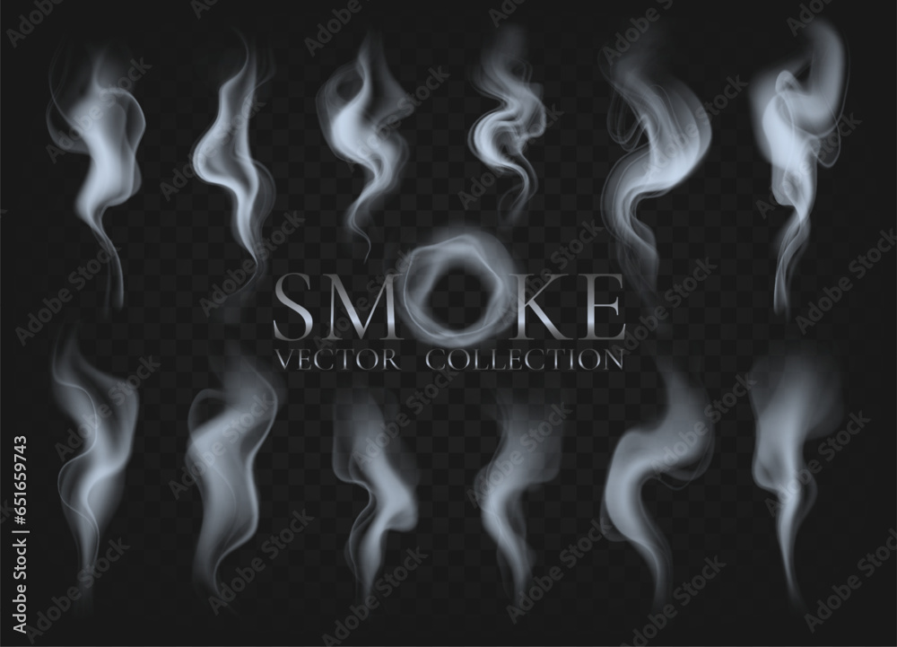 Smoke elements set. Tea, coffee steam, hot food, cup or cigarette fog, mist and vapor effect on mug, hookah curled smooth jets in motion. Transparent trails. Vector isolated collection