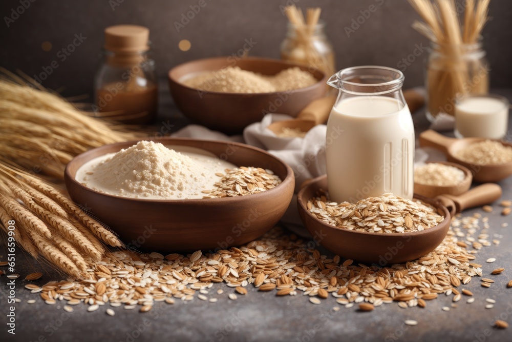 Top view of Oat milk flour dry flakes and whole grain. ai generative Top view of Oat milk flour dry flakes and whole grain. ai generative