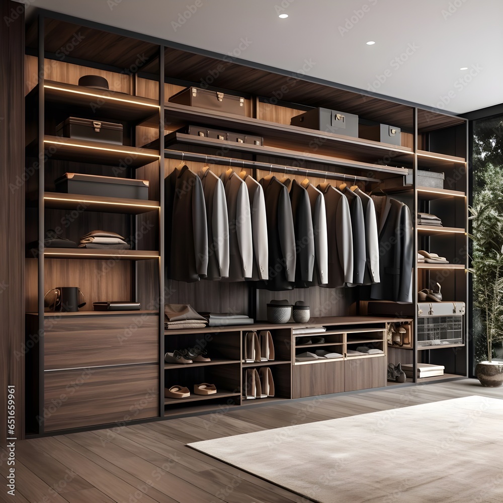 Modern minimalist men walk in wardrobe with clothes hanging on rods, shelves and drawers. Dressing room with space for storing and organizing accessories. Interior design of luxury walk in closet.  Ge