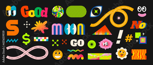 Shape stickers. Abstract retro elements. Cartoon geometric figures. Modern typography. Good mood. Smiley symbol. Bright emoji. Eye and flower. Lettering ribbon. Vector design icons set