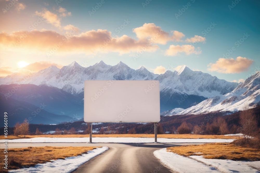 Blank empty billboard mockup on road snow mountains. ai generative - obrazy, fototapety, plakaty 