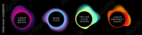 Fluid gradient circle. Liquid neon background, blue and red, purple and pink colors on black, light wave spheres. Trendy modern design with copy space for text. Vector abstract posters set