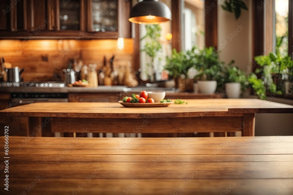 Wooden table on blurred kitchen bench background. ai generative