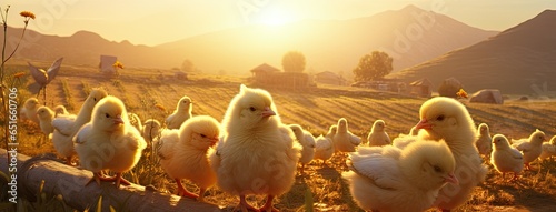 Fotografia a mother hen guards her fluffy chicks in the golden sunlight, embodying the essence of organic poultry farming