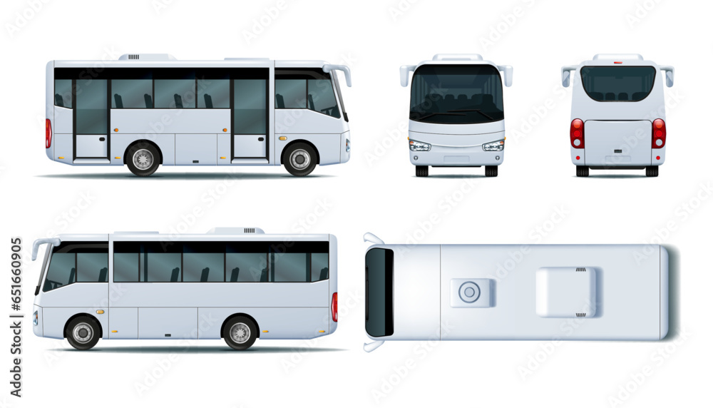 Mini bus mockup. Minibus different view, back side, top and front. 3D car mock up, public micro bus, door and windows, microbus track. Vehicle branding, corporate identity. Vector template Mini bus mockup. Minibus different view, back side, top and front. 3D car mock up, public micro bus, door and windows, microbus track. Vehicle branding, corporate identity. Vector template