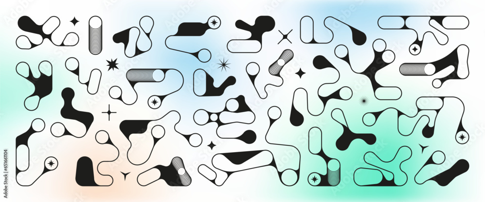 Y2k shapes. Abstract gradient figures. Modern geometry black forms. Random geometric icons. Brutalism silhouettes. Minimal circles and stars. Contemporary art. Vector graphic symbols set