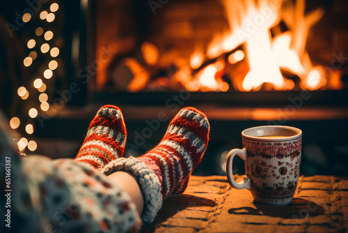 Fotografia Feet in woollen socks by the Christmas fireplace