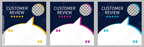 Set of three template with speech bubble for customer feedback, testimonial or review quote on dark blue background. Empty speech bubble frame with quotation marks and copy space for quotes.