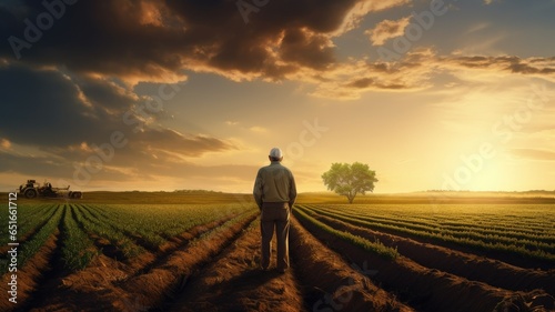an elderly farmer confidently stands in his plowed field  expertly managing farm machinery with a digital tablet.