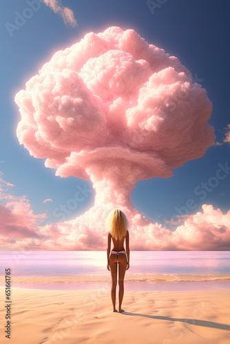 atomic mushroom cloud in pink color rising in the blue sky, girl on the beach watching nuclear explosion, surrealistic, big bomb, weapons, war, pink apocalypse, photorealistic // ai-generated