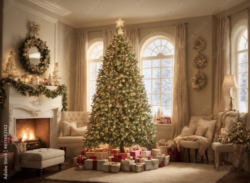 Cozy New Year interior with Christmas tree presents lights and fireplace