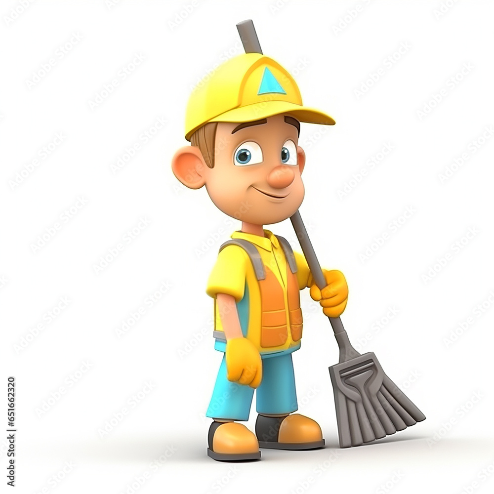 Cute funny janitor, cleaning company employee, creative avatar, cartoon caricature in 3D style, portrait on white Cute funny janitor, cleaning company employee, creative avatar, cartoon caricature in 3D style, portrait on white