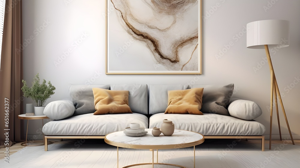 Fototapeta Round golden coffee table with marble stone top near gray curved sofa against beige wall with big art poster frame. Minimalist Scandinavian home interior design of modern living room. Generate AI