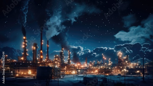 the towering structures and intricate network of pipes and machinery at an oil refinery, highlighting the scale and complexity of the petrochemical industry.