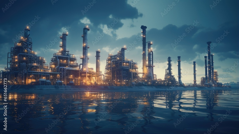 the towering structures and intricate network of pipes and machinery at an oil refinery, highlighting the scale and complexity of the petrochemical industry.