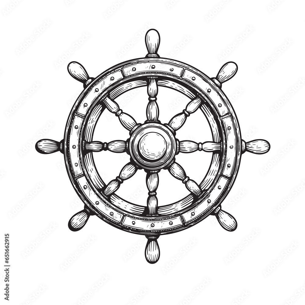Wooden ship wheel. Hand drawn sketch style helm. Sailing, nautical concept. Vintage marine vector illustration. Wooden ship wheel. Hand drawn sketch style helm. Sailing, nautical concept. Vintage marine vector illustration.